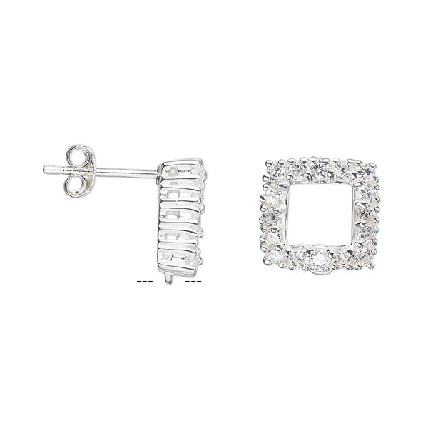 Earstud, sterling silver and cubic zirconia, clear, 12x12mm open square with closed loop. Sold per pair. image number 0