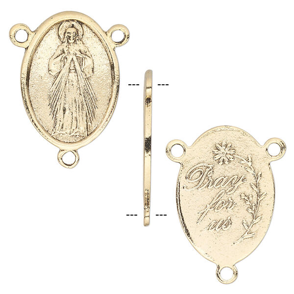 Connector, antique gold plate pewter (tin-based alloy), 23x16mm two-sided oval rosary with Jesus Divine Mercy and "Pray for us." Sold per pkg of 2. image number 0