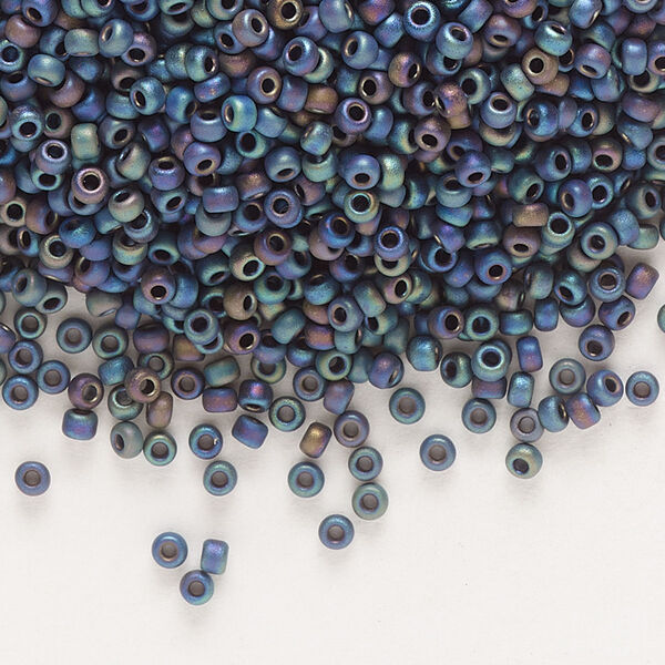 Seed bead, Miyuki, glass, pkg/250g, #11 rocaille, opaque matte rainbow black, (RR-401FR). image number 0
