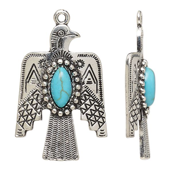 Focal, "turquoise" (resin) (imitation) and antique silver-finished "pewter" (zinc-based alloy), blue, 33x22mm single-sided thunderbird. Sold individually. image number 0
