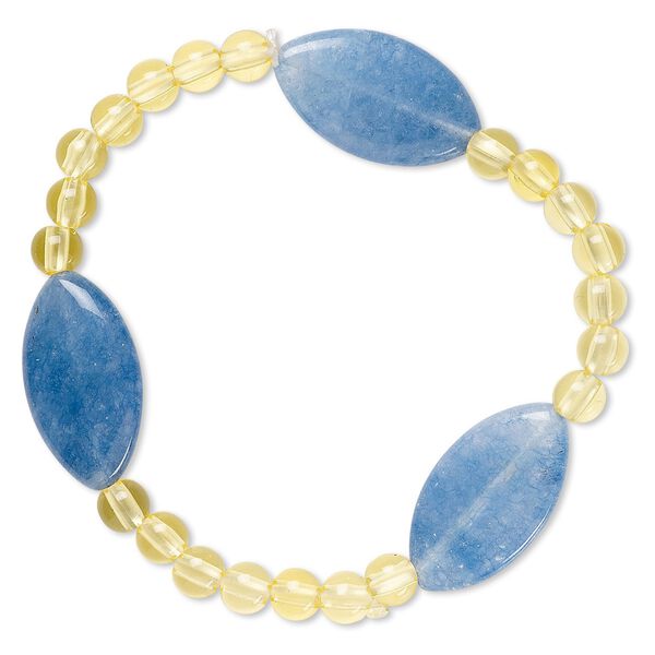 Bracelet, stretch, quartz (dyed) and acrylic, yellow and blue, 5mm round and 24x14mm-25x15mm puffed marquise, 6-1/2 inches. Sold individually. image number 0
