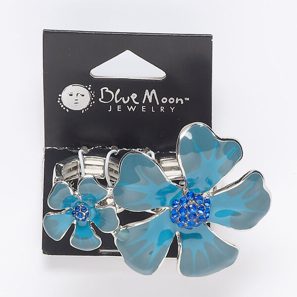 Ring, glass rhinestone / enamel / silver-finished "pewter" (zinc-based alloy), blue / turquoise blue / grey, 44mm wide with 59x44mm flower, adjustable from size 6 to 8. Sold individually. image number 0
