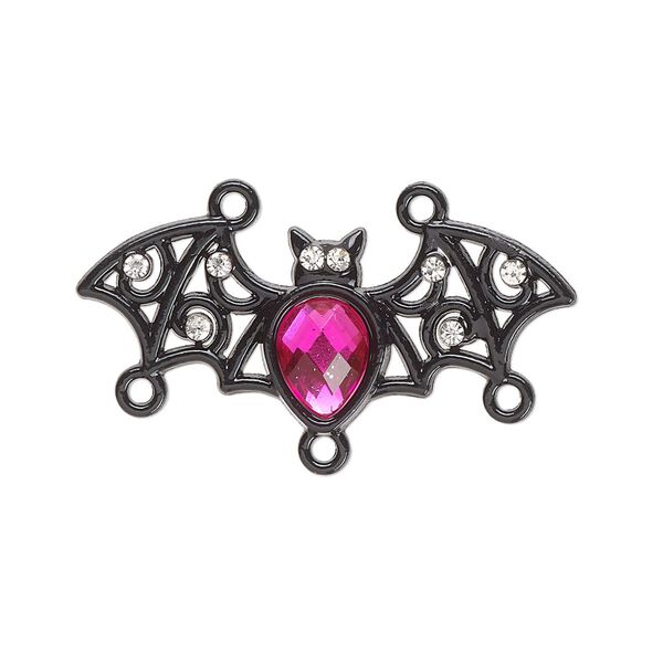 Connector, black-finished "pewter" (zinc-based alloy) and acrylic, black / pink / clear, 33x14mm bat with 2/3 loops. Sold per pkg of 2. image number 0