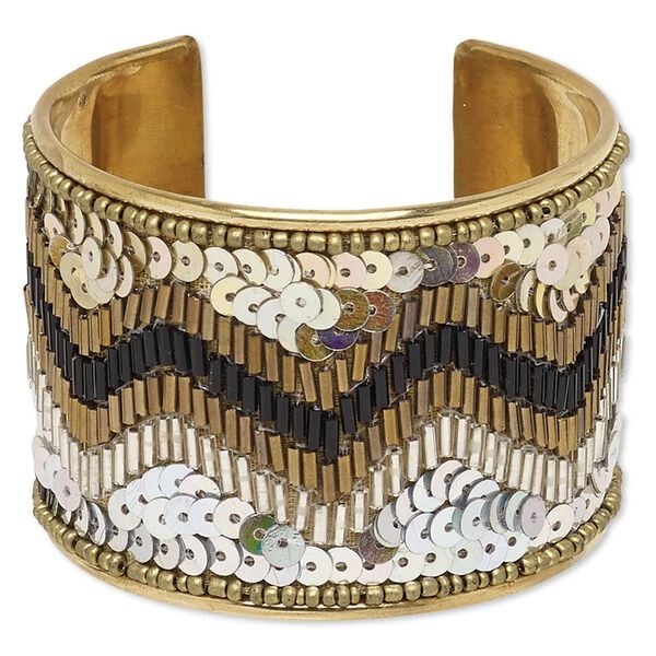 Bracelet, cuff, glass / acrylic / plastic sequin / brass, iridescent multicolored, 52mm wide with zigzag design, adjustable from 7 to 7-1/2 inches. Sold individually. image number 0