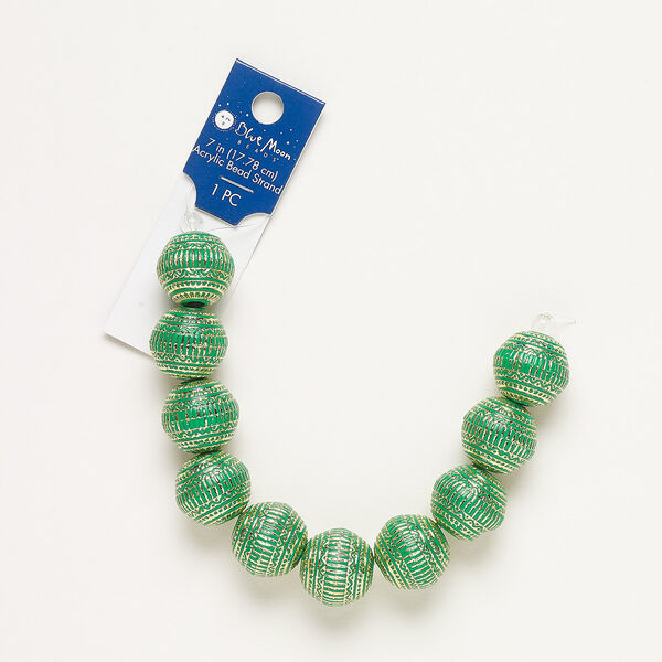 Bead, coated acrylic, green and gold, 18mm textured round with 4mm hole. Sold per 7-inch strand. image number 0