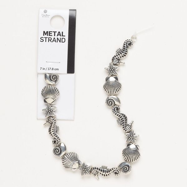 Bead assortment, silver-finished "pewter" (zinc-based alloy), 10x7mm-21x13mm 3D mixed sealife shapes. Sold per 7-inch strand, approximately 15 beads. image number 0