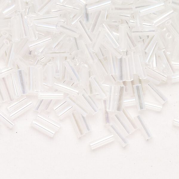 Bead, Ming Tree™, bugle bead, glass, pkg/1/4 pound, 1/4 inch, rainbow transparent clear. image number 0