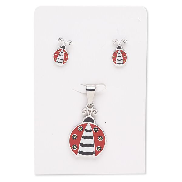 Pendant and earring, enamel and stainless steel, red / black / white, 27x20mm ladybug, 15x9mm ladybug with post. Sold per set. image number 0