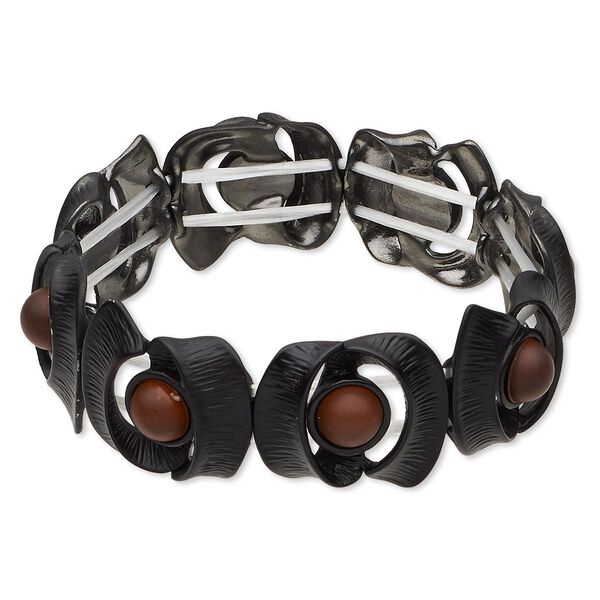 Bracelet, stretch, acrylic and gunmetal-finished "pewter" (zinc-based alloy), black and topaz, 20mm wide with painted ribbon design, 7 inches. Sold individually. image number 0