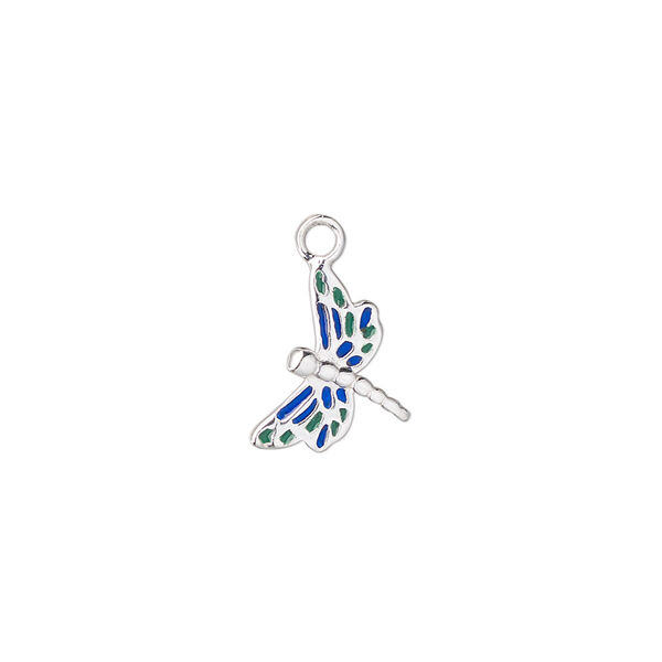 Charm, enamel and sterling silver, green and blue, 14x10mm single-sided dragonfly. Sold individually. image number 0