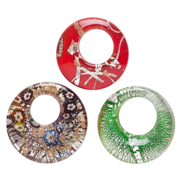Random focal mix, lampworked glass, pkg/3, opaque and translucent mixed colors with silver-colored foil and copper-colored glitter, 44-53mm undrilled go-go. image number 0