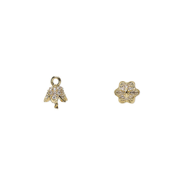 Cup, glass rhinestone and gold-finished brass, clear, 6mm flower cup with 3mm peg, fits 6-8mm bead. Sold individually. image number 0
