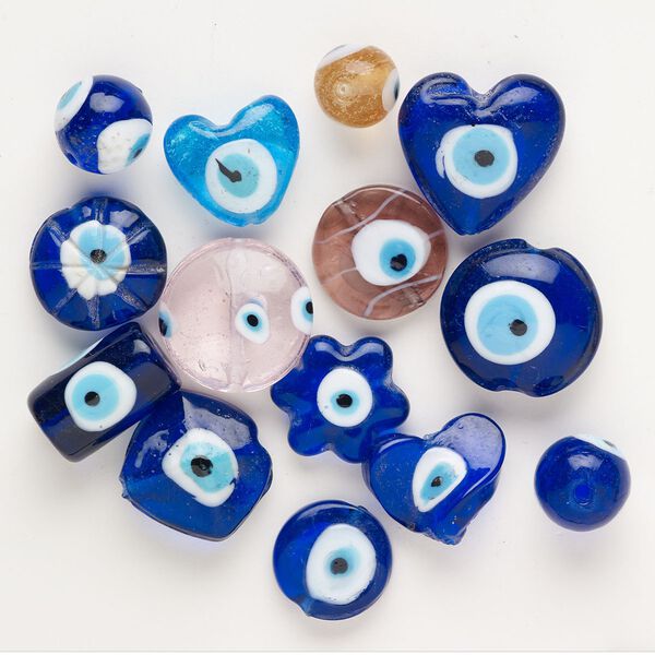 Bead mix, lampworked glass, translucent multicolored, 15mm-32x31mm mixed shapes with wards-off-the-evil-eye-design. Sold per 4-ounce pkg, approximately 10 beads. image number 0