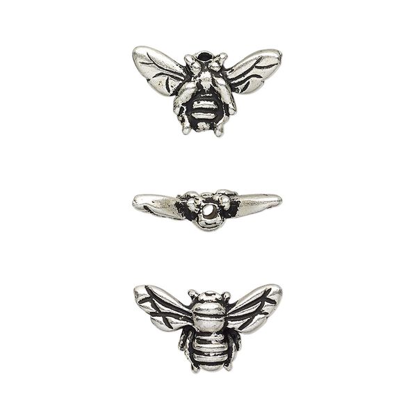 Bead, TierraCast®, antique silver-plated pewter (tin-based alloy), 15.5x9mm honeybee. Sold per pkg of 2. image number 0