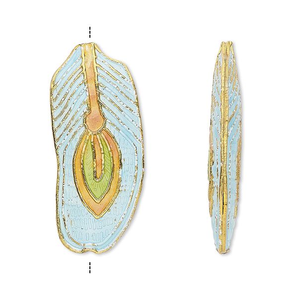 Bead, cloisonné, enamel and gold-finished copper, light blue / green / orange, 32x14mm feather. Sold per pkg of 4. image number 0