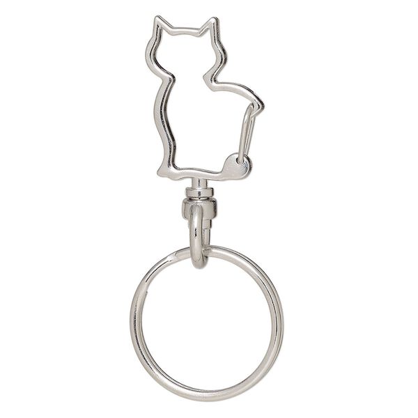 Key ring, imitation rhodium-finished brass and steel, 62x25.5mm overall with 27x20mm self-closing cat on a swivel and 25.5mm split ring. Sold per pkg of 5. image number 0