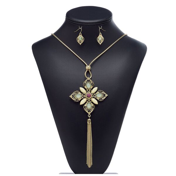 Necklace and earring set, acrylic rhinestone / acrylic / gold-finished brass / steel / "pewter" (zinc-based alloy), light green / pale yellow / pink, 7-inch dangle with 2-3/4 x 2-3/4 inch diamond, 28-inch necklace with 3-inch extender chain and lobster claw clasp, 29mm teardrop with fishhook ear wire. Sold per set. image number 0