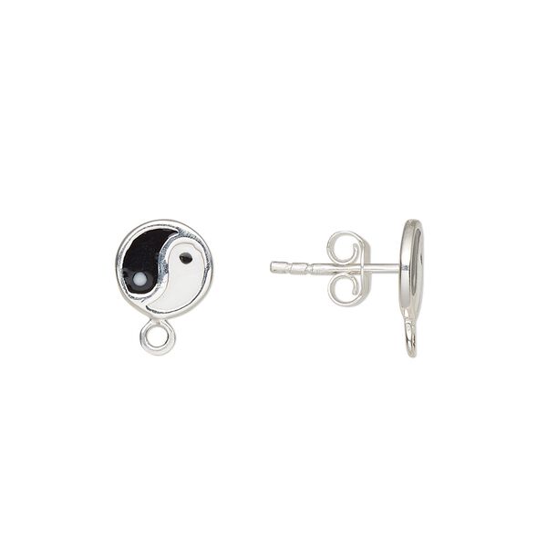 Earstud 1pkg2 sterling silver, 8mm round / closed loop / earnuts, enamel white and black 1 pair image number 0