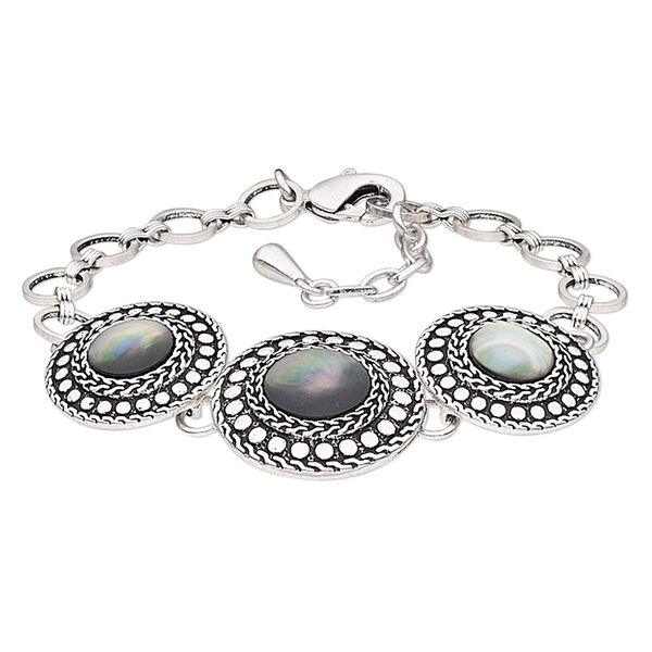 Bracelet, black lip shell (natural) / antique silver-plated brass / steel / "pewter" (zinc-based alloy), 25mm wide with round, 7 inches with 1-inch extender chain and lobster claw clasp. Sold individually. image number 0