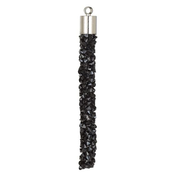 Focal, glass / resin / imitation rhodium-finished brass, black, 53x6mm stick. Sold per pkg of 4. image number 0