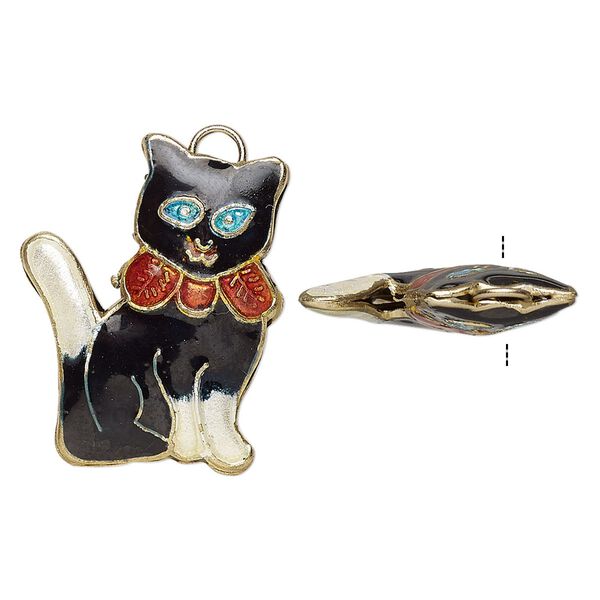 Charm, enamel and gold-finished copper, multicolored, 26x21mm double-sided cat with ribbon. Sold per pkg of 4. image number 0
