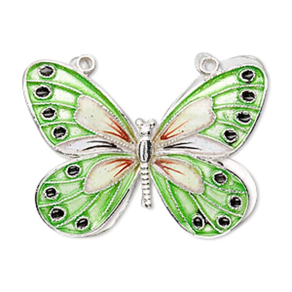 Focal, cloisonné, sterling silver and enamel, green and multicolored, 36x27mm butterfly. Sold individually. image number 0