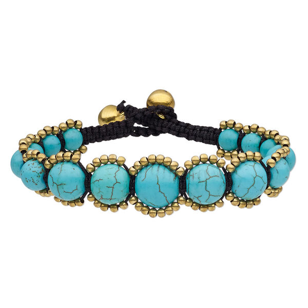 Magnesite / brass / waxed cotton cord 1pkg1, brass-plated bells / bracelet / adjustable 6-6.5 inch / button clasp / 16mm wide image number 0