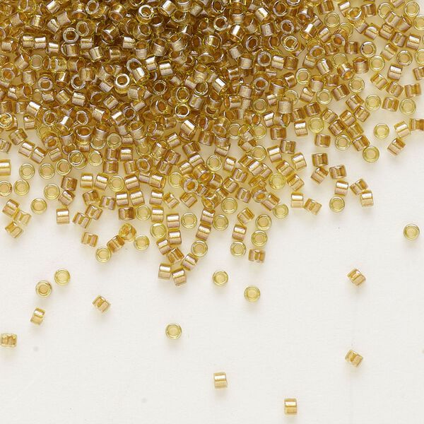 Seed bead, Delica®, glass, pkg/7.5g, #11 round, translucent honey beige-lined luster chartreuse (DB-0909). image number 0