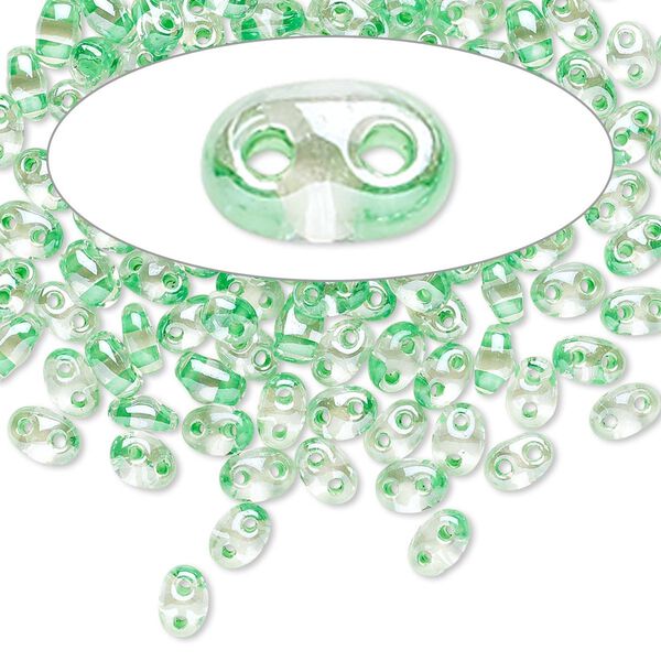 Seed bead, Preciosa Twin™ Czech glass, pkg/10g, 5x2.5mm oval, transparent light green terra color-lined clear, (38656). image number 0