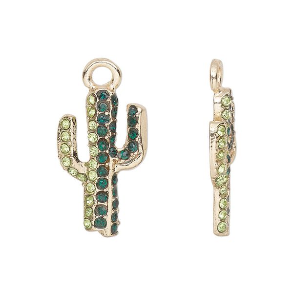 Charm, glass and gold-finished pewter (tin-based alloy), light green and dark green, 23x13.5mm cactus. Sold per pkg of 2. image number 0