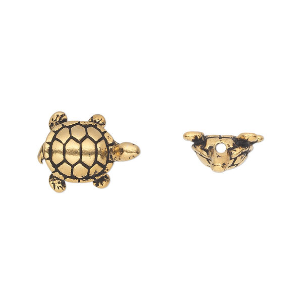 Bead, TierraCast®, antique gold-plated pewter (tin-based alloy), 15x11.5mm 3D turtle. Sold per pkg of 2. image number 0