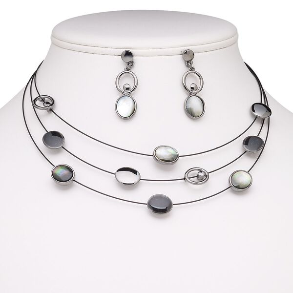 Necklace and earring set, 3-strand, black lip shell (natural) / stainless steel / gunmetal-finished brass / steel / "pewter" (zinc-based alloy), black, oval, 15" to 16" strand necklace with 2-inch extender chain and lobster claw clasp, 39mm earrings with post. Sold per set. image number 0