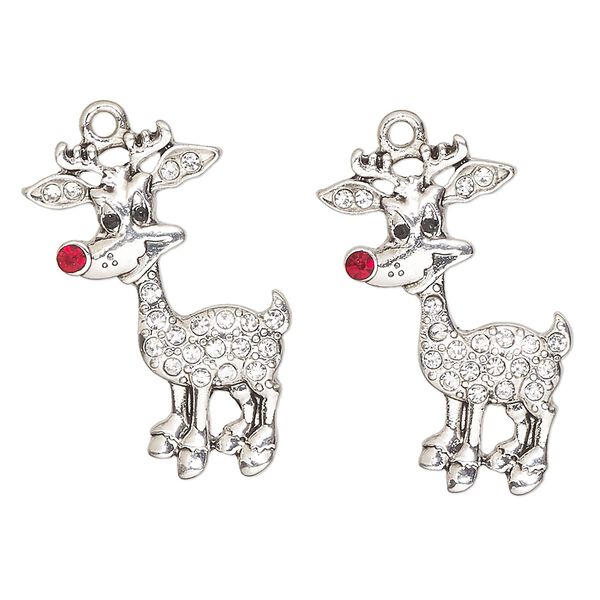 Focal, antique silver-finished "pewter" (zinc-based alloy) / enamel / glass, clear, red and black, 32x21mm red-nosed reindeer. Sold per pkg of 2. image number 0