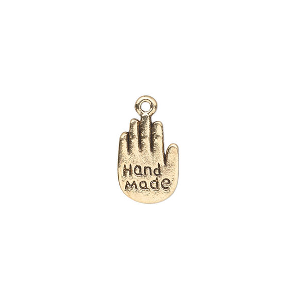 Charm, antique gold-finished "pewter" (zinc-based alloy), 13x9mm double-sided hand with "Hand Made." Sold per pkg of 20. image number 0