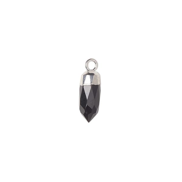 Drop, black onyx (dyed) and silver-plated copper, 12x5mm-14x6mm hand-cut faceted point. Sold individually. image number 0