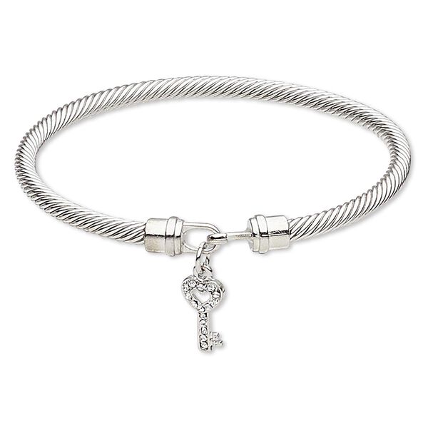 Bracelet, bangle, Czech glass rhinestone with silver-plated brass and "pewter" (zinc-based alloy), clear, 4mm twisted cable with 16x8mm key, 7-1/2 inches with hook-and-eye clasp. Sold individually. image number 0