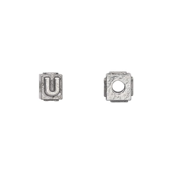 Bead, antiqued pewter (tin-based alloy), 8x6mm rectangle with alphabet letter "U". Sold per pkg of 4. image number 0