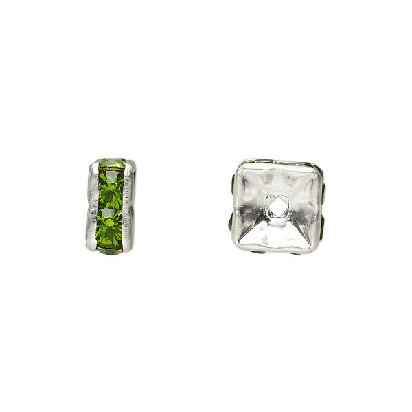 Bead, glass rhinestone and silver-plated brass, peridot green, 8x4mm squaredelle. Sold per pkg of 10. image number 0