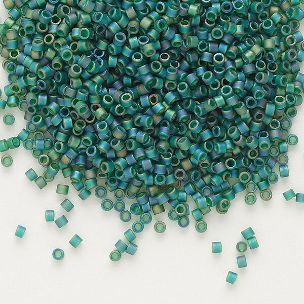 Seed bead, Delica®, glass, pkg/7.5g, #11 round, translucent matte rainbow dark green (DB-0859). image number 0