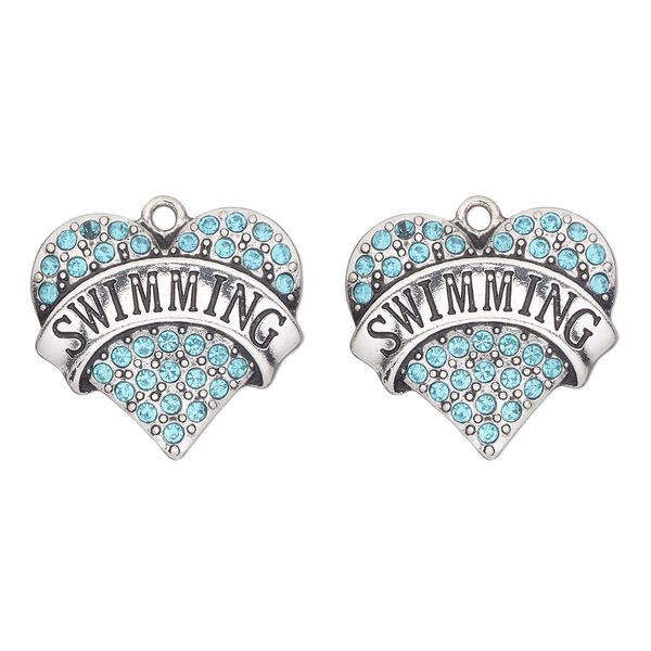 Charm, antique silver-finished "pewter" (zinc-based alloy) and glass, aqua blue, 24x22mm and single-sided heart with "swimming". Sold per pkg of 2. image number 0