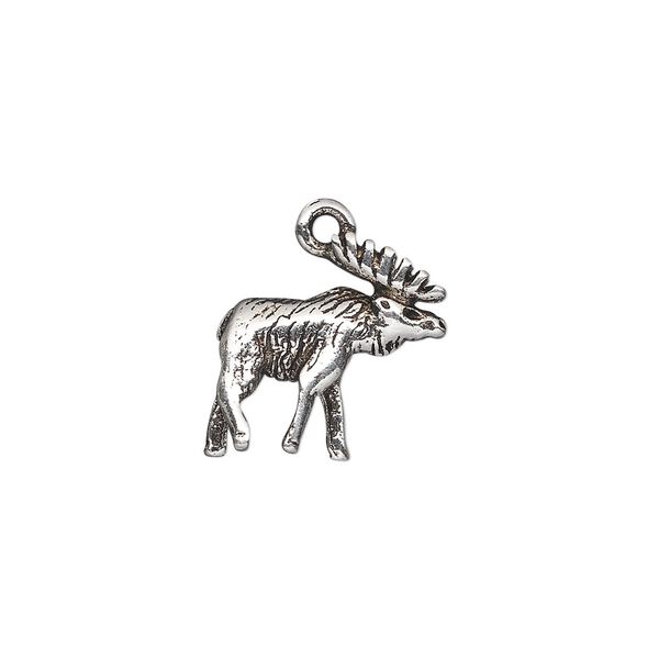 Charm, antique silver-plated pewter (tin-based alloy), 16x16mm double-sided moose. Sold individually. image number 0