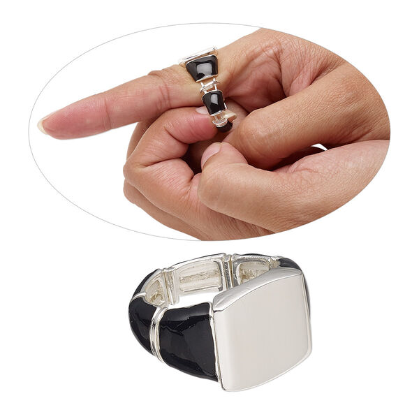 Ring, stretch, enamel and silver-finished "pewter" (zinc-based alloy), black, 15.5mm wide with 16x5.5mm rectangle setting, size 8-1/2. Sold individually. image number 0