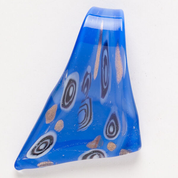 Focal, lampworked glass, pkg/1, opaque cobalt blue/black/white with copper-colored glitter, 50x42mm-53x45mm top-drilled slant triangle. image number 0