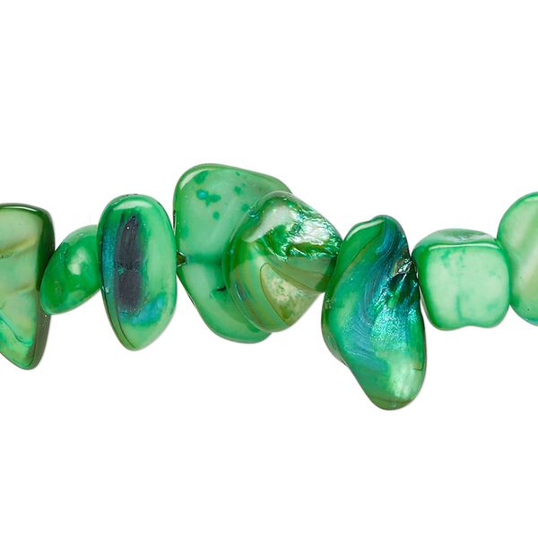 Bead, mother-of-pearl shell (dyed), green, small to extra-large chip, Mohs hardness 3-1/2. Sold per 30-inch strand. image number 0
