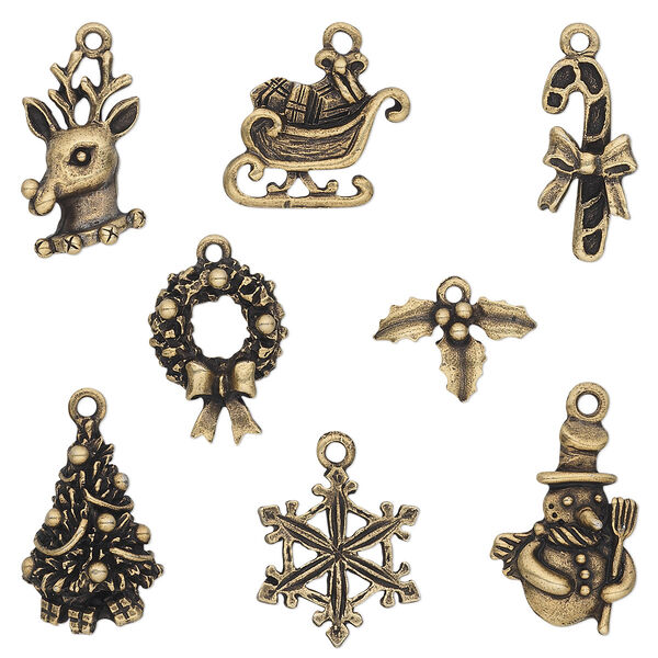Charm, antique brass-plated pewter (tin-based alloy), 12.5x9.5mm-23x17.5mm Christmas theme. Sold per 8-piece set. image number 0