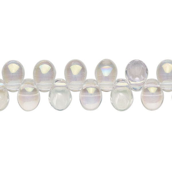 Bead, pressed glass, translucent clear AB, 8 x 6mm concave-back teardrop, top-drilled. Sold per 8-inch strand, approximately 55 beads. image number 0