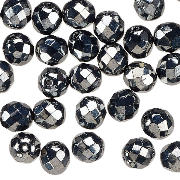 Czech fire-polished glass 1pkg50, faceted round bead opaque hematite 8mm image number 0