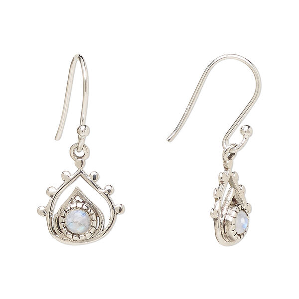 Ear wire, Create Compliments®, antiqued sterling silver and rainbow moonstone (natural), fishhook, 26.5mm with 13x12.5mm single-sided open teardrop, 21 gauge. Sold per pair. image number 0