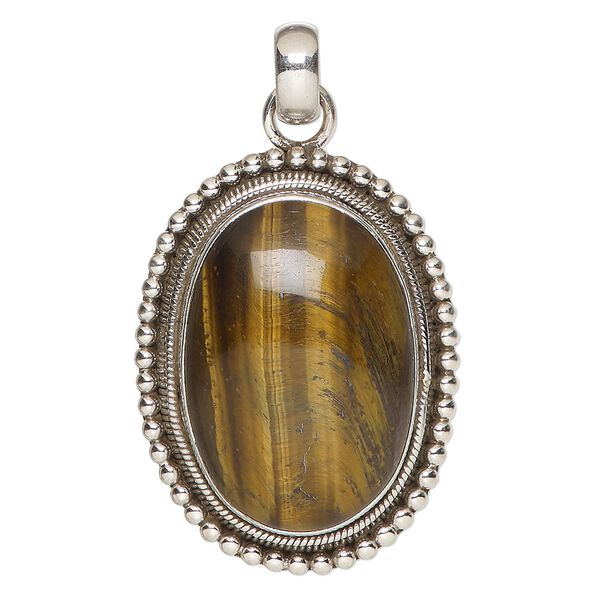 Pendant, tigereye (natural) and antiqued sterling silver, 37x29mm-42x32mm beaded oval. Sold individually. image number 0