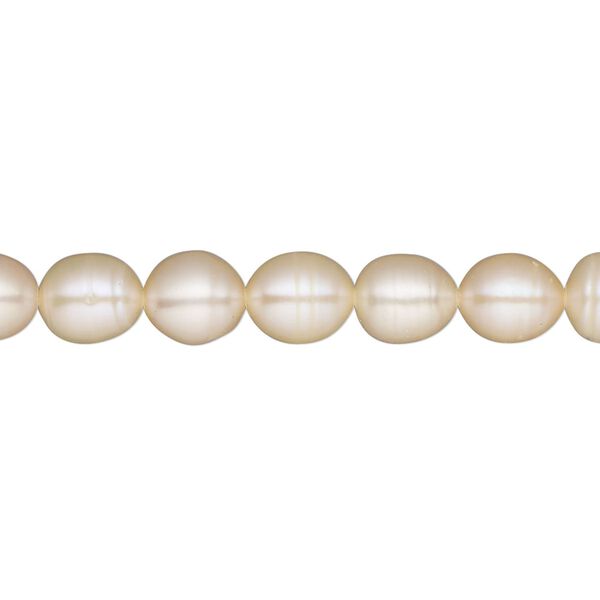 Pearl, cultured freshwater, peach, 7-8mm rice, C grade, Mohs hardness 2-1/2 to 4. Sold per 16-inch strand. image number 0